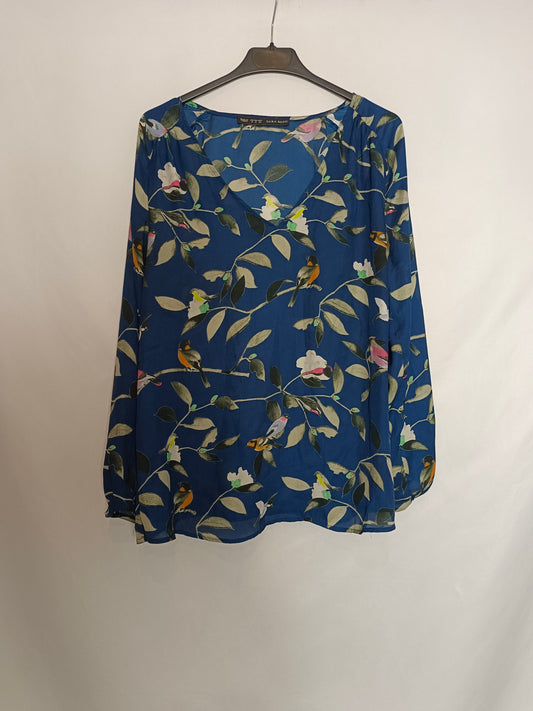 ZARA. Blusa azul pájaros T.m