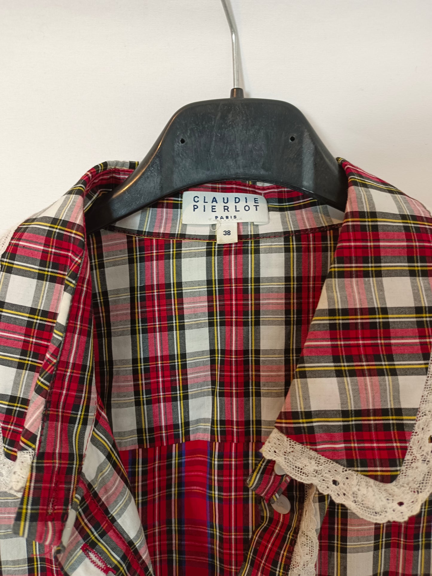 CLAUDIE PIERLOT.  Camisa cuadros encaje T.38