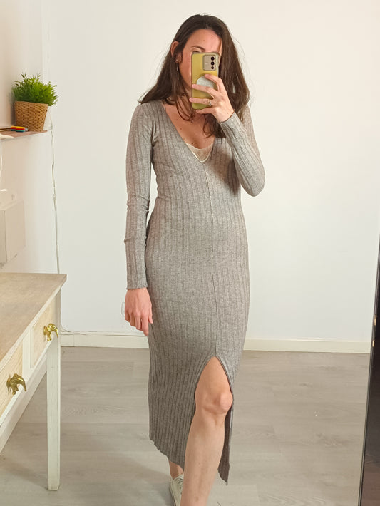 ZARA. Vestido largo canalé gris jaspeado. T S