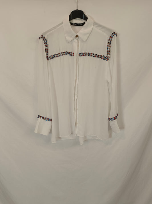 ZARA. Blusa blanca detalle tweed T.s