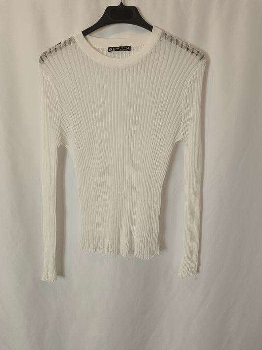 ZARA.Top blanco canalé troquelado T.m