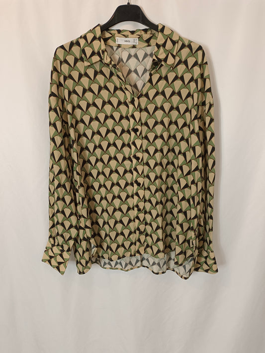 MANGO. Blusa rombos beige y verde t.m