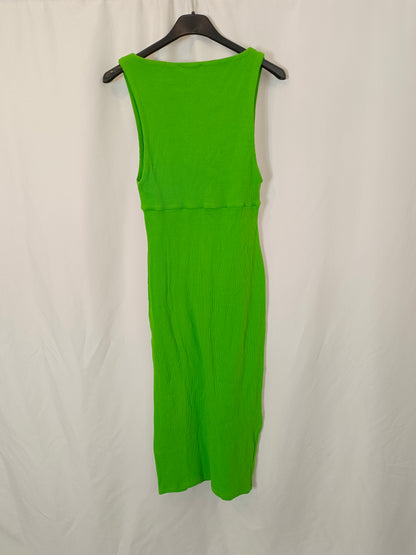 ZARA. Vestido midi canalé verde T.m