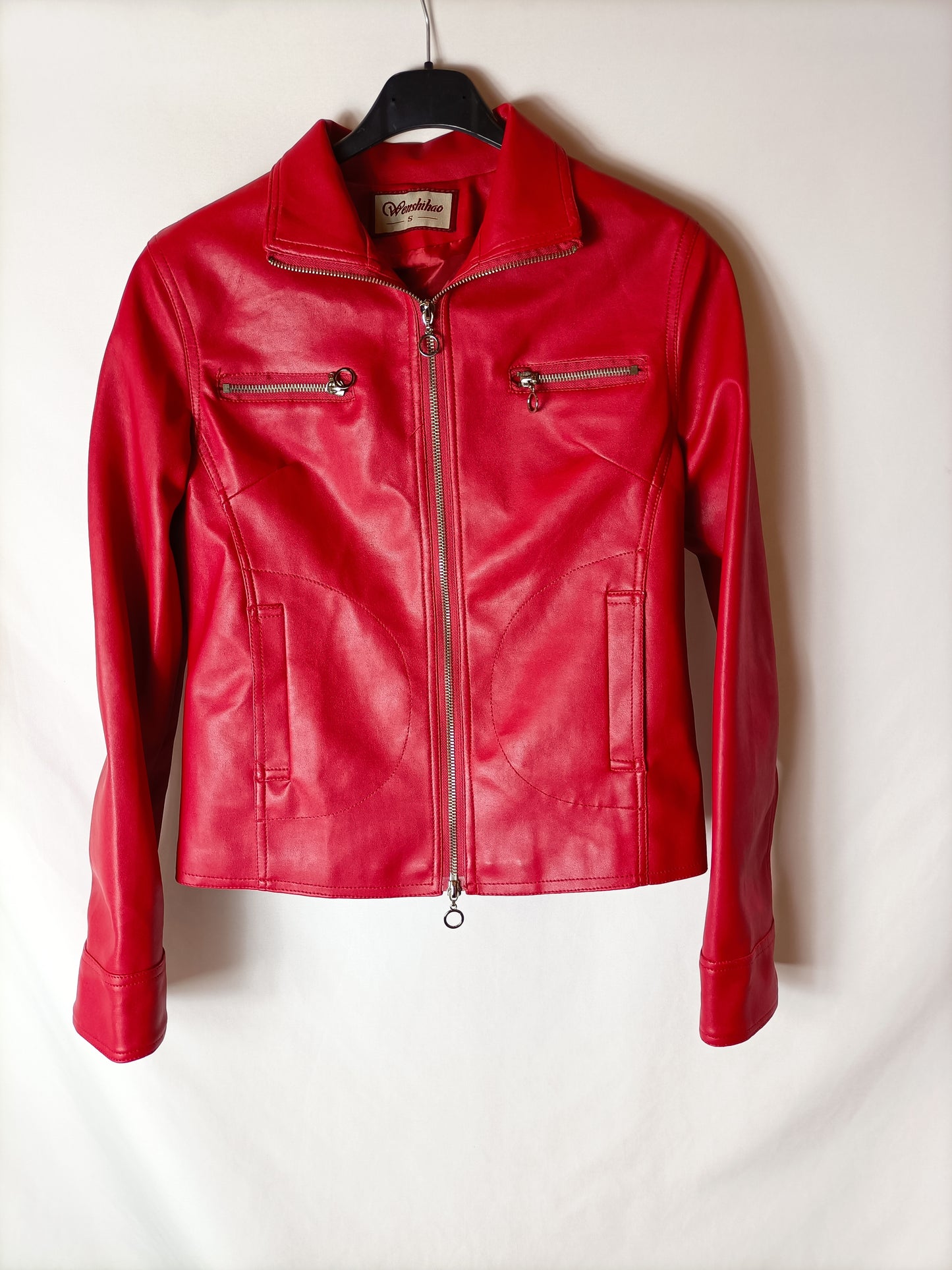 WENSHIHAO. Chaqueta roja efecto piel. T S