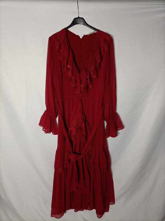 UTERQUE. Vestido gasa y encaje rojo. T S