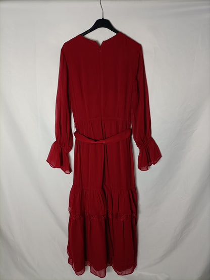 UTERQUE. Vestido gasa y encaje rojo. T S