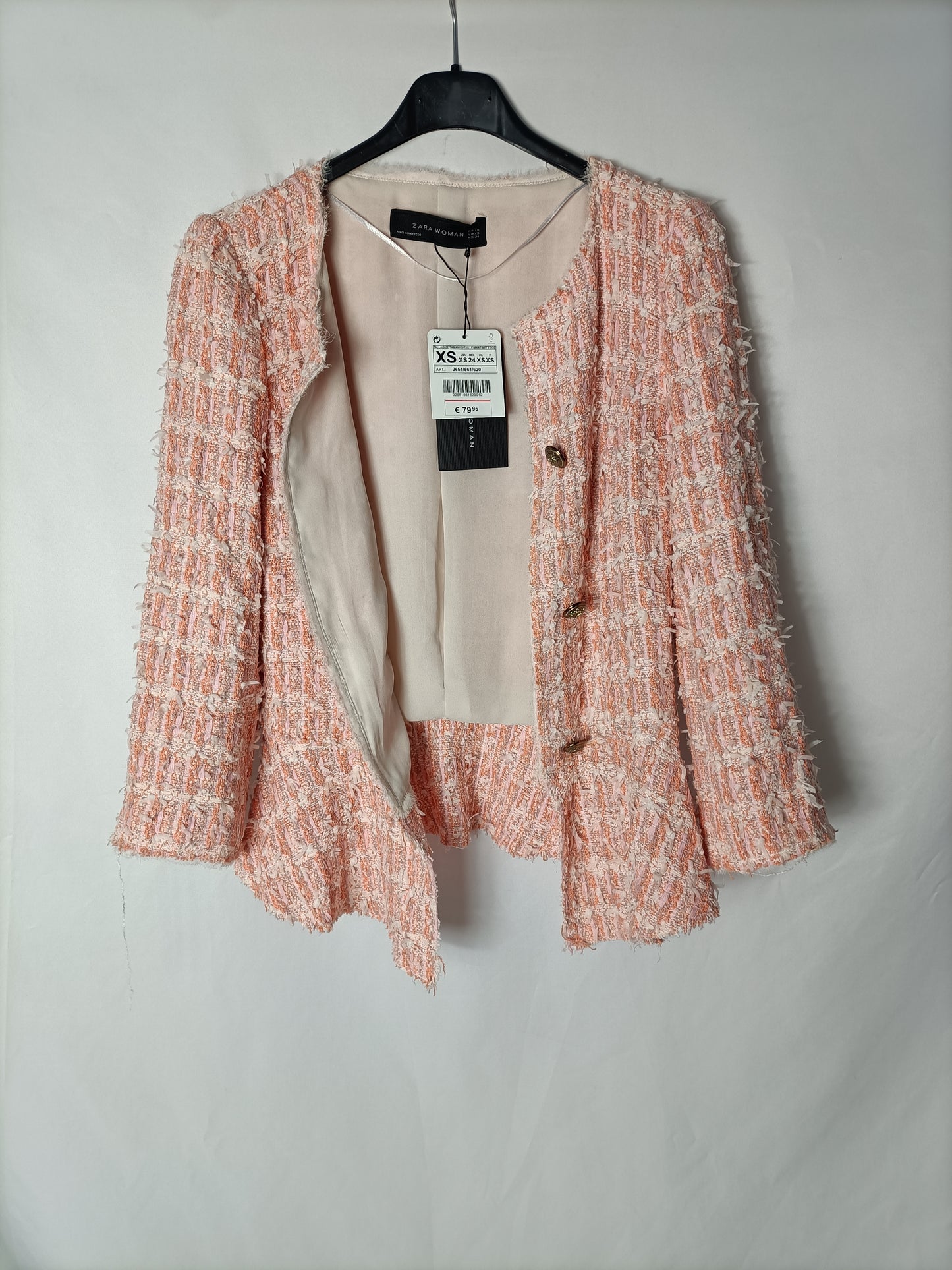 ZARA. Chaqueta tweed naranjas y rosas. T XS