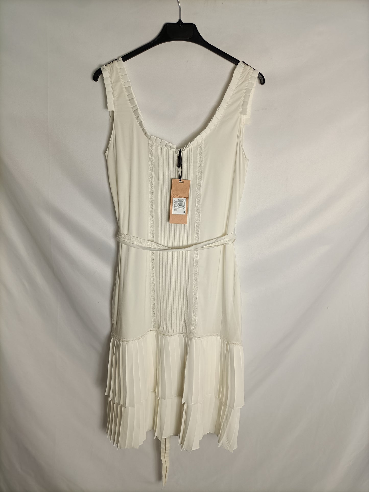 CCDK.Vestido midi blanco encaje y tablas T.38