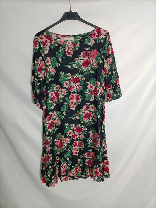 AMICHI. Vestido negro con flores rosas t. L