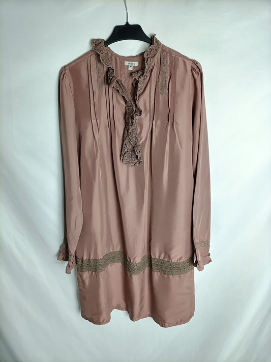 ISATO. Vestido seda rosa nude encaje T. m