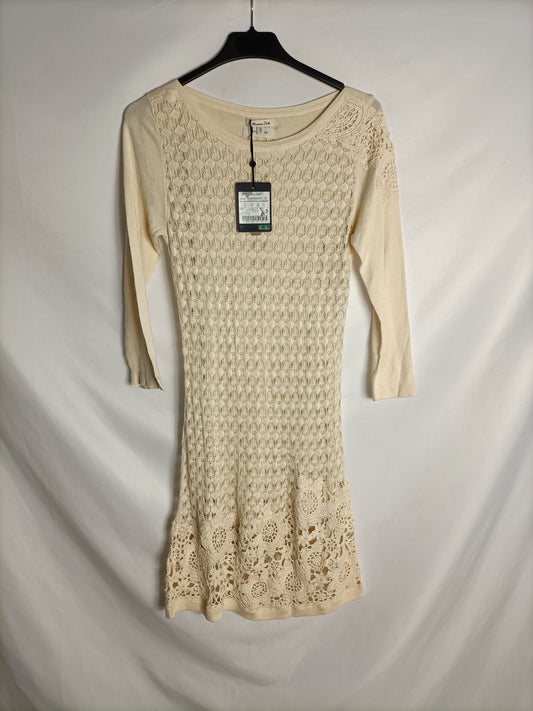 MASSIMO DUTTI. Vestido encaje beige T.m