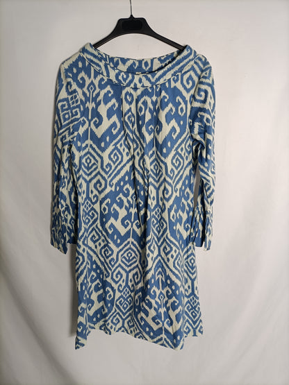 AMATRICHI. Vestido estampado azul y beige T.42