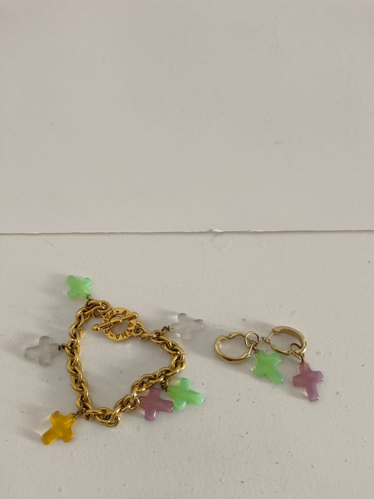 AGATHA. Conjunto pulsera y pendientes cruz