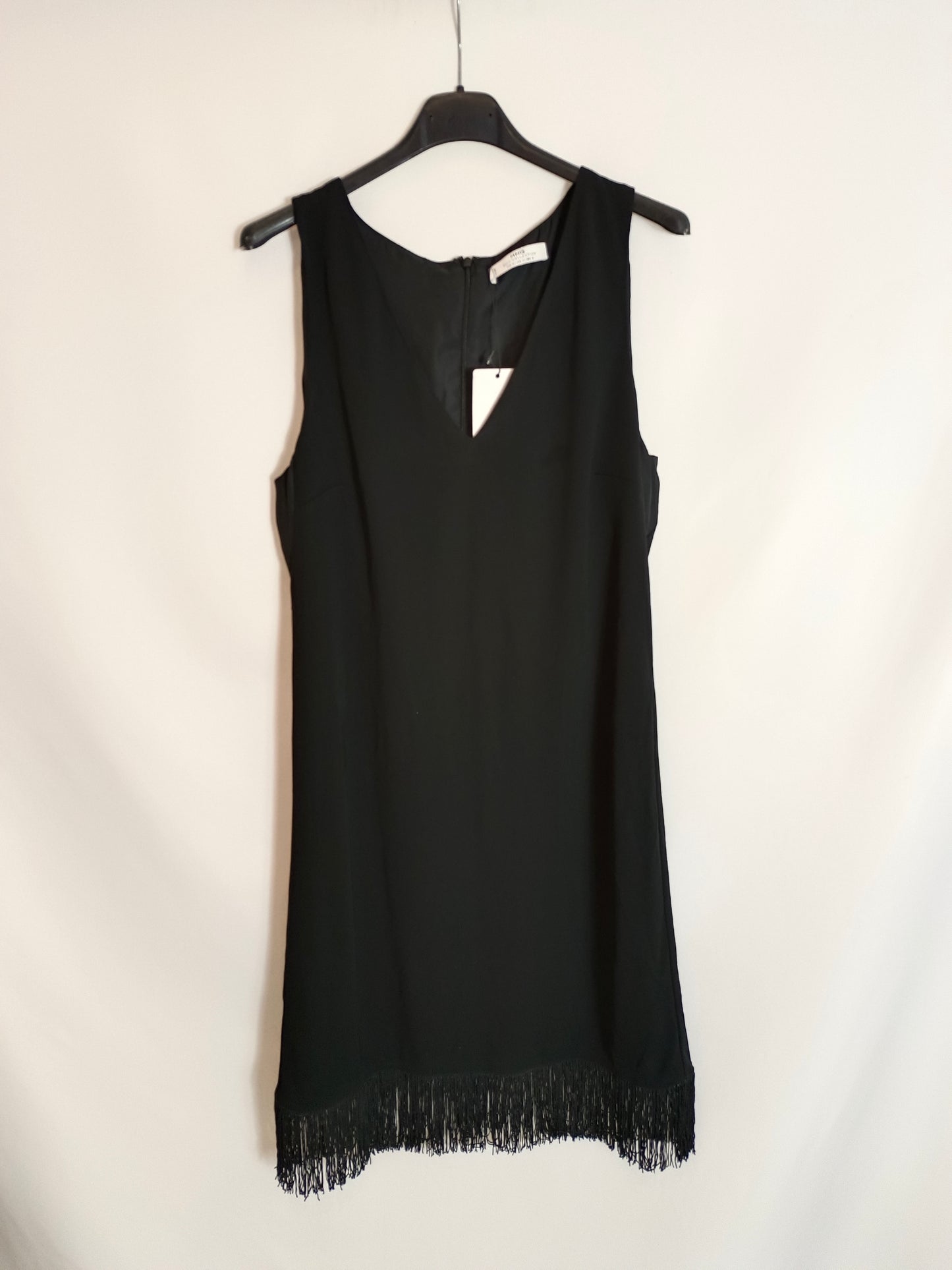 MANGO. Vestido negro flecos T.m