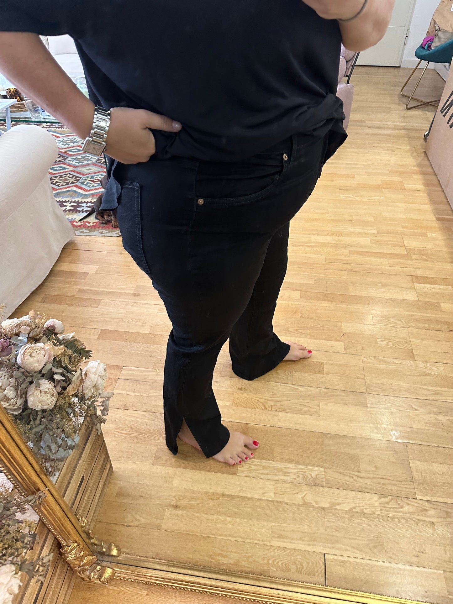 H&M.pantalón negro denim apertura T.3xl