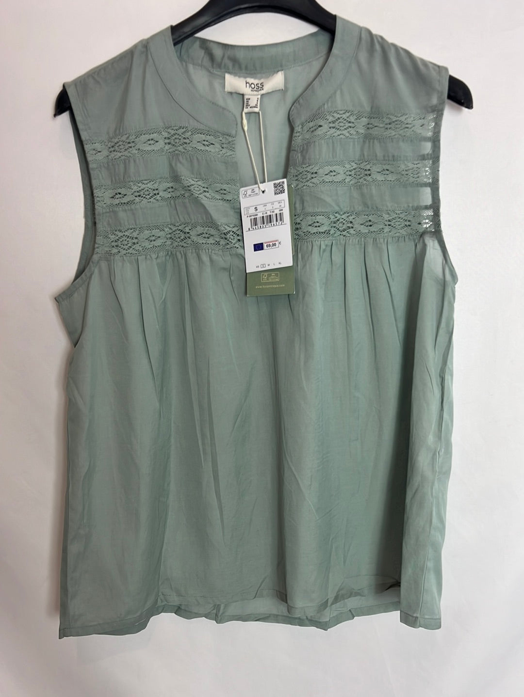 INTROPIA. Blusa sin mangas azul encajes. T S