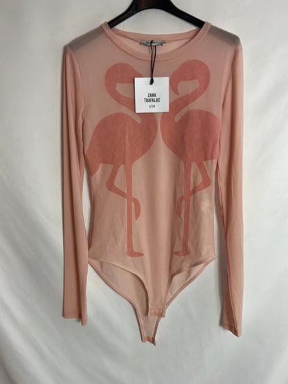 ZARA. Body rosa semi transparente flamencos. T M