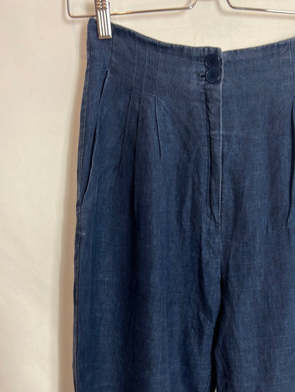 CORTANA. Pantalón lino azul efecto denim. T 38 (tara)