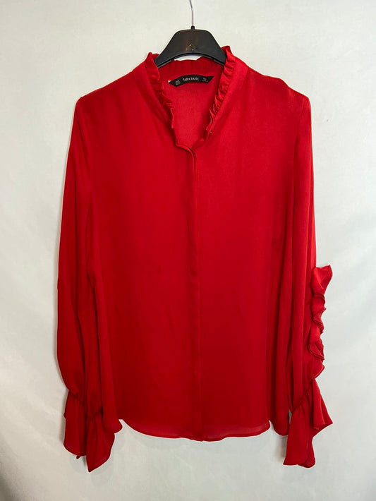 ZARA. Blusa roja volantes mangas. T.XS