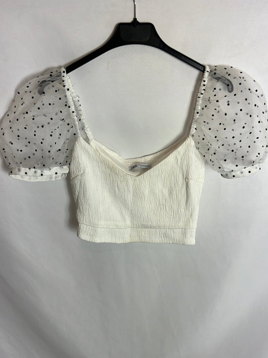 ZARA. Top blanco manga tull T.xs