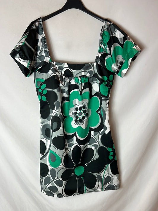 MANGO. Vestido satinado estampado negro y verde. T M