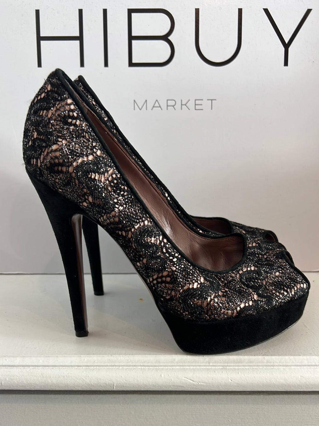 MISSONI. Tacones peeptoes encaje negro. T 37