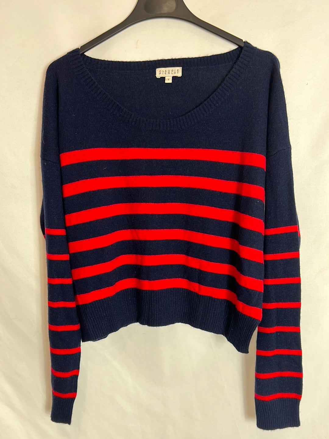 CLAUDIE PIERLOT. Jersey azul rayas rojas. T 1 (S)