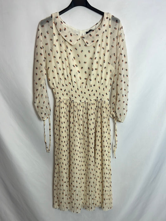 DENNI ROSE. Vestido beige flores plisado. T 42