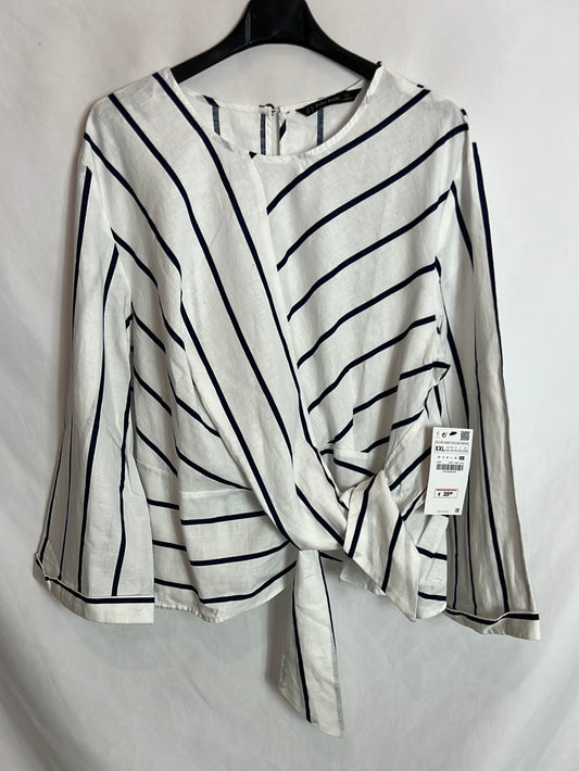 ZARA. Blusa blanca rayas lino lazada. T XXL