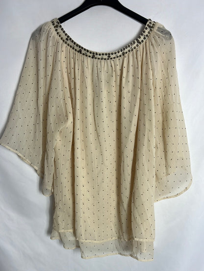 ZARA. Blusa gasa beige lunares y abalorios. T S