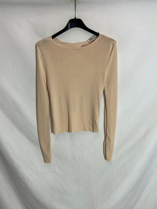 ZARA. Jersey fino beige espalda cruzada. T S