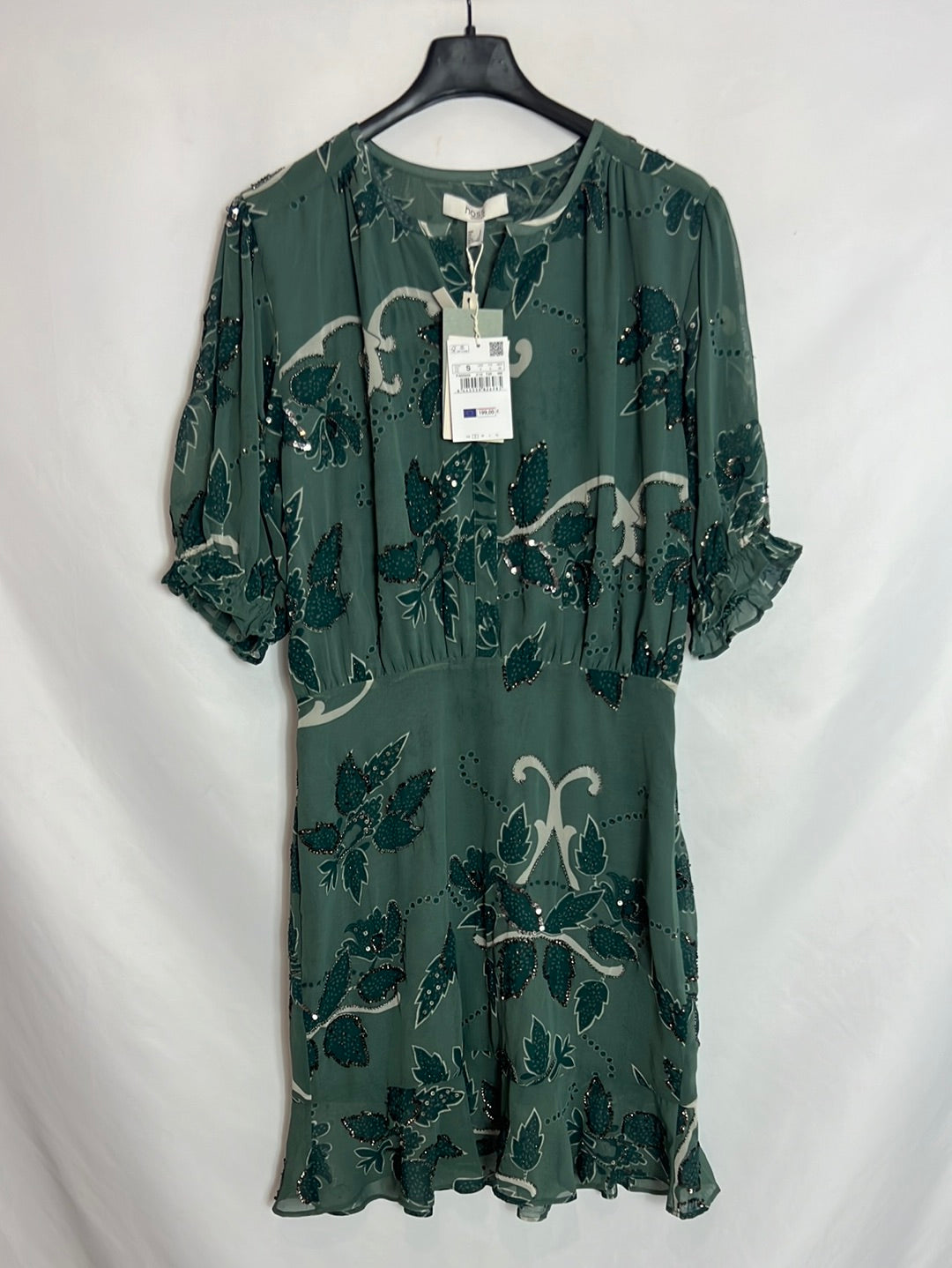 INTROPIA. Vestido corto verde abalorios. T S