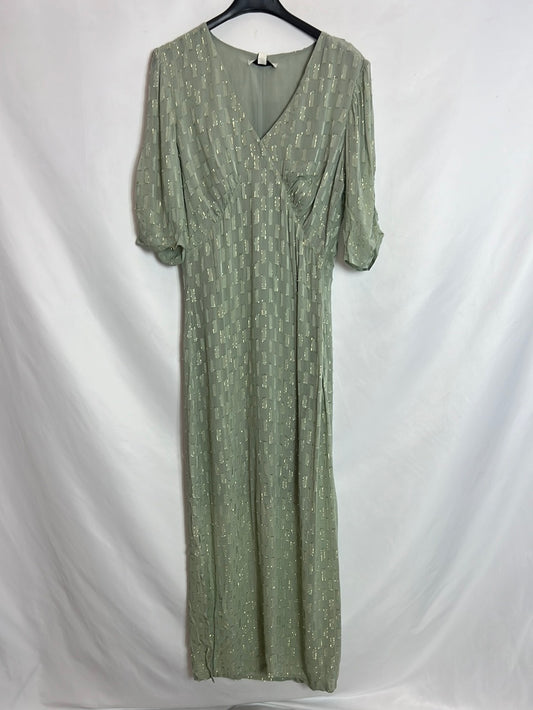 INTROPIA. Vestido midi verde claro hilos dorados. T S