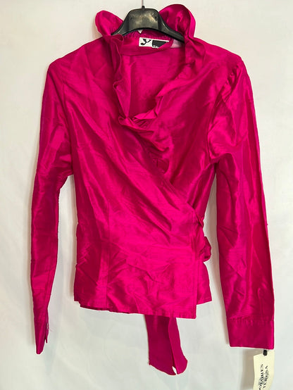 DOLORES TERESA. Blusa seda rosa fucsia cruzada. T 40