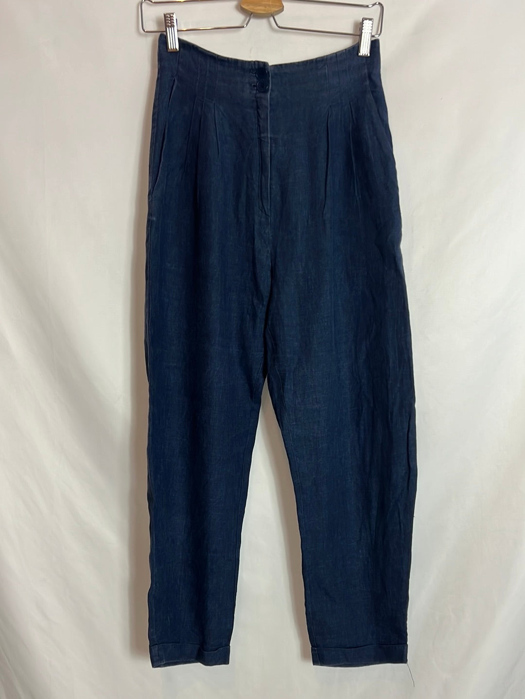 CORTANA. Pantalón lino azul efecto denim. T 38 (tara)