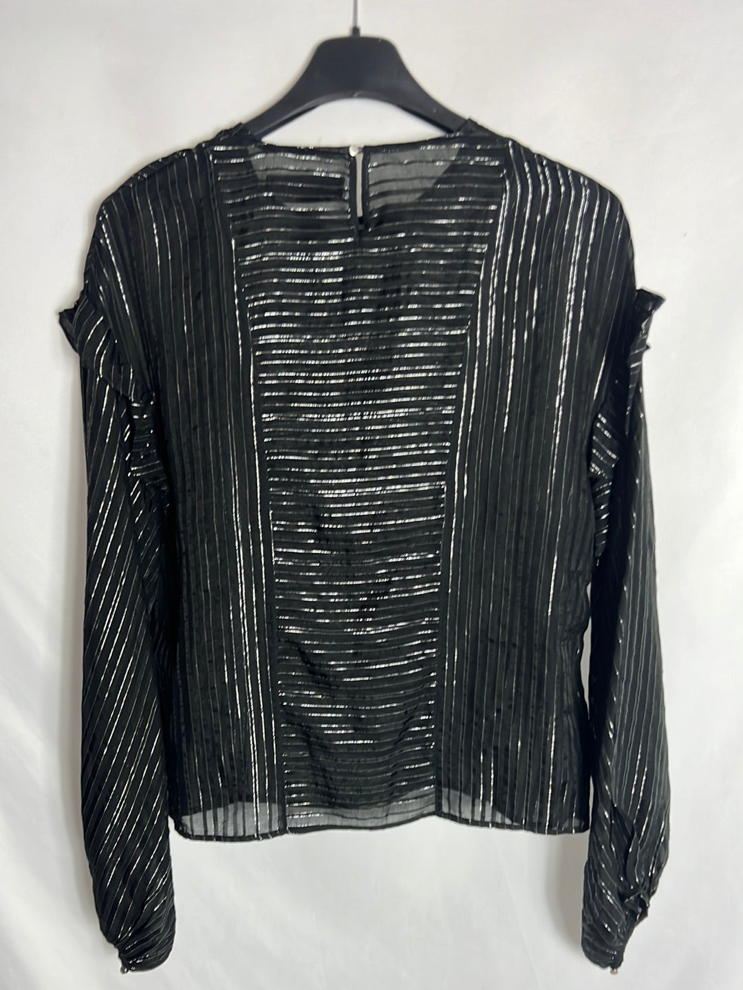 MAGALI PASCAL. Blusa negra semitransparente  hilos plateados. T S