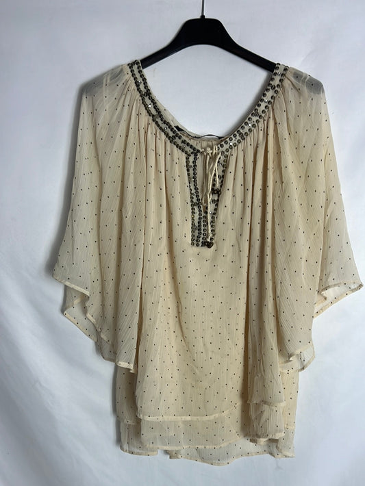 ZARA. Blusa gasa beige lunares y abalorios. T S