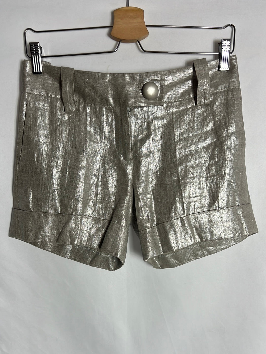 ZARA. Short lino beige efecto plateado. T S