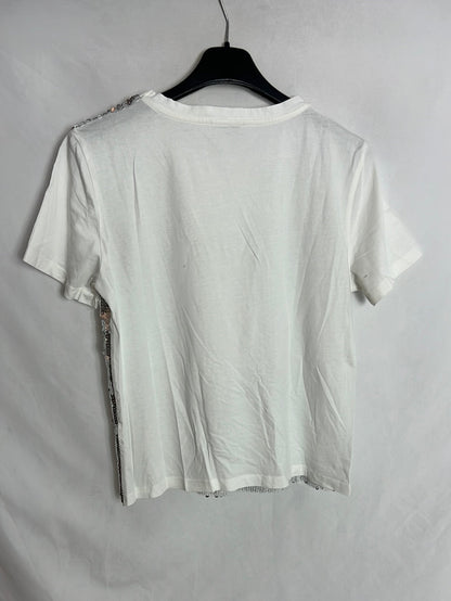 ZARA. Camiseta blanca lentejuelas . T S