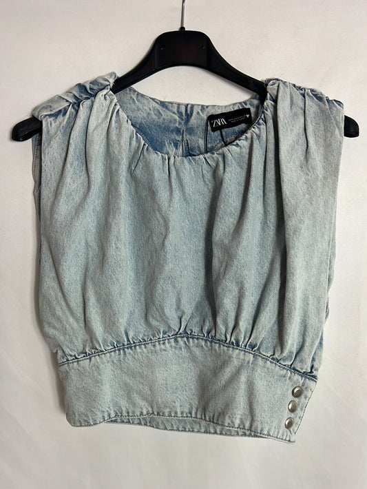 ZARA. Top corto denim fruncido. T S