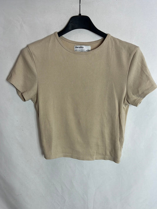 BERSHKA. camiseta beige canalé T.m