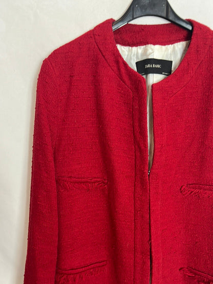 ZARA. Chaqueta larga tweed roja. T XL