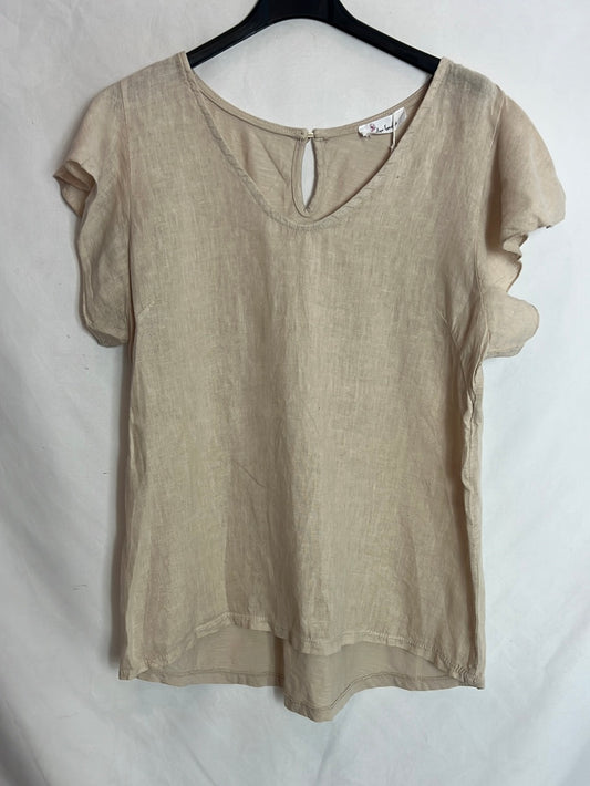 ALGO BONITO. Top lino beige manga volante. T M