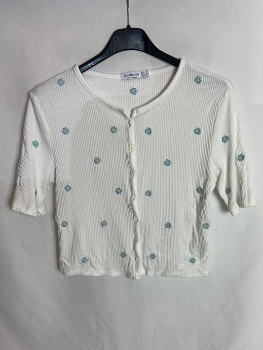 STRADIVARIUS. Top blanco canalé flores T.s