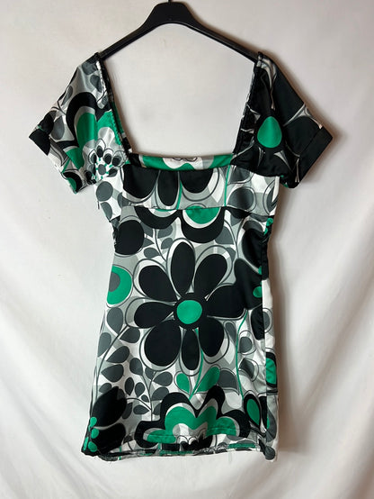 MANGO. Vestido satinado estampado negro y verde. T M