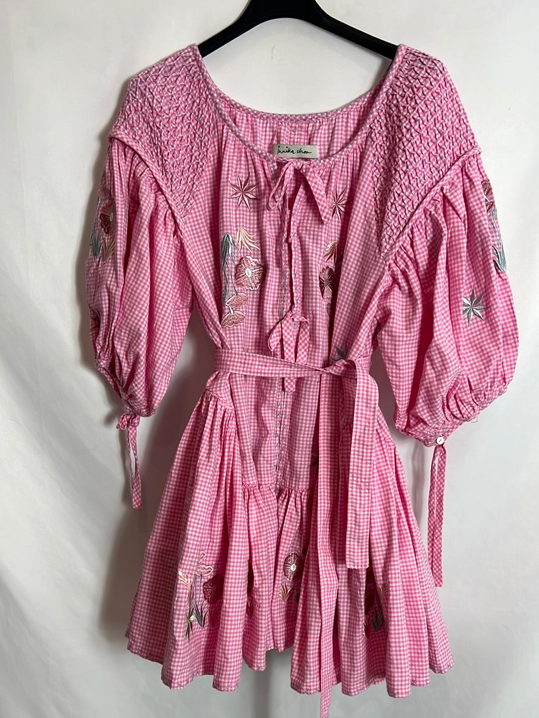 INNIKA CHOO. Vestido cuadros vichy rosa manga abullonada. TU (S/M)