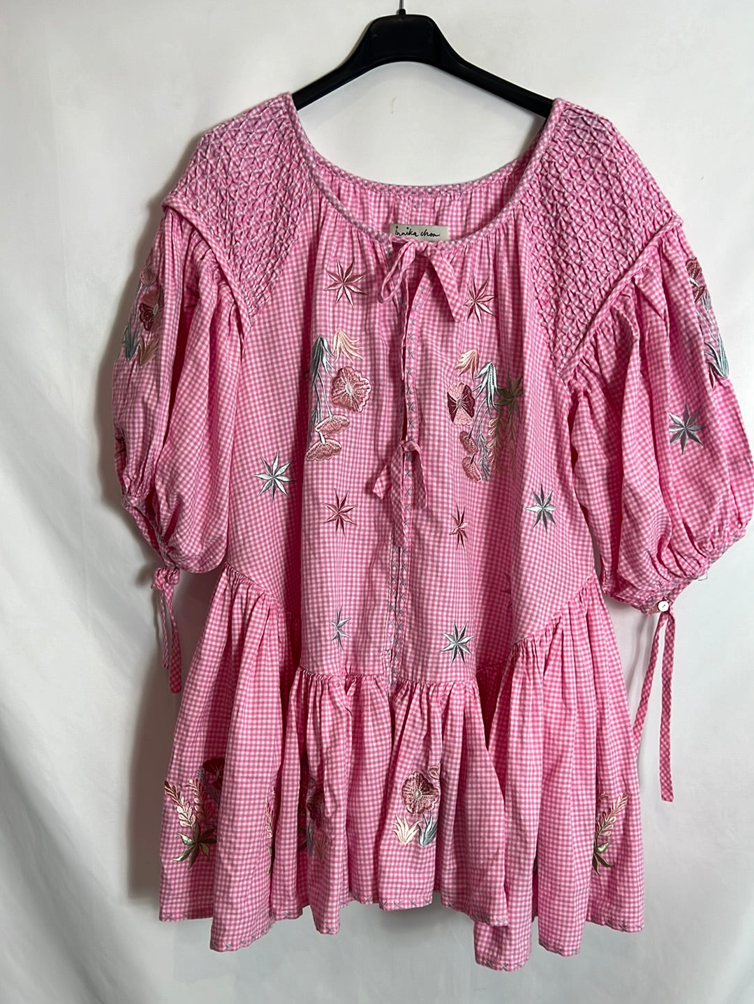 INNIKA CHOO. Vestido cuadros vichy rosa manga abullonada. TU (S/M)