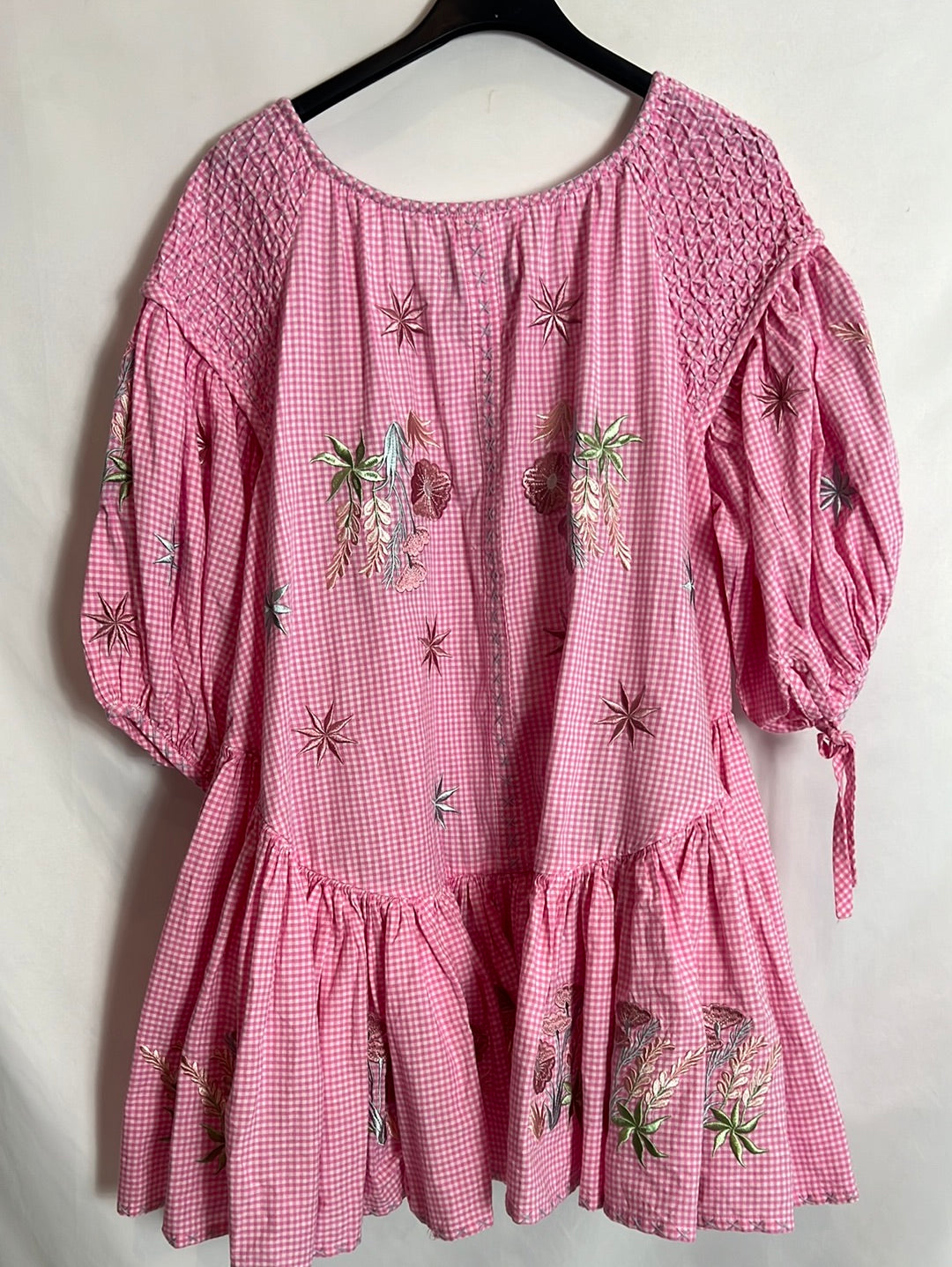 INNIKA CHOO. Vestido cuadros vichy rosa manga abullonada. TU (S/M)