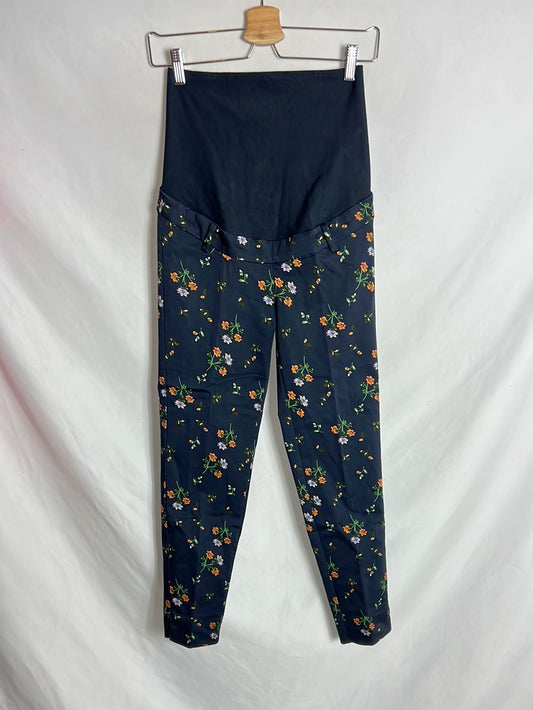 H&M. Pantalones premamá azules flores. T 34