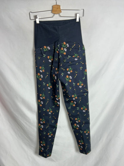 H&M. Pantalones premamá azules flores. T 34